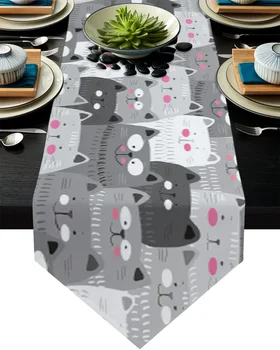 

Cartoon Grey Cat Kawaii Table Runner Home Party Dining Table Decorative Wedding Table Decoration Flower Cake Tablecloth
