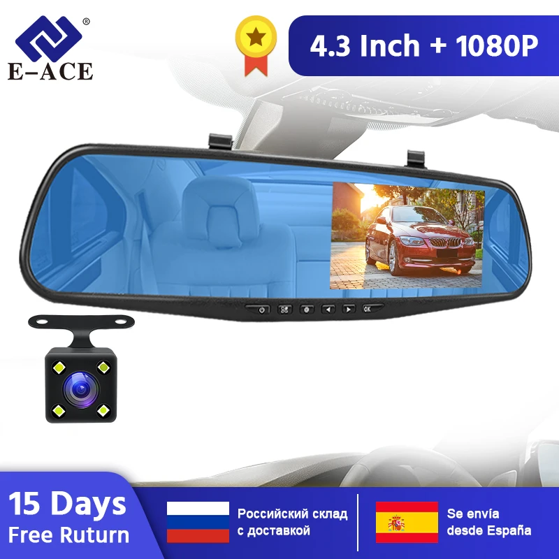 

E-ACE Car Dvr Mirror Camera 4.3 Inch FHD 1080P Video Recorder Dual Lens with Rear View Camera Auto Registratory Camcorder
