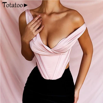 

Totatoop Elegant Satin Draped Croset Tops Women 2020 Summer Off Shoulder Ruched Crop Tops Sexy Caimis Boning Clothes Luxurious