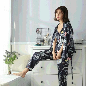 

2020 Autumn New Women's Sexy Silk Three-piece Home Suit Suspender Top Trousers Nightgown Pajamas Sets Women Piyamas Mujer