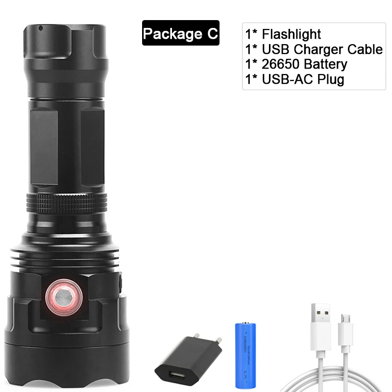 Package C Высокая мощность XHP90 USB Перезаряжаемый светодиодный светильник-вспышка мощный фонарь Водонепроницаемый охотничий светильник 18650 или 26650 Battey - Испускаемый цвет: Package C