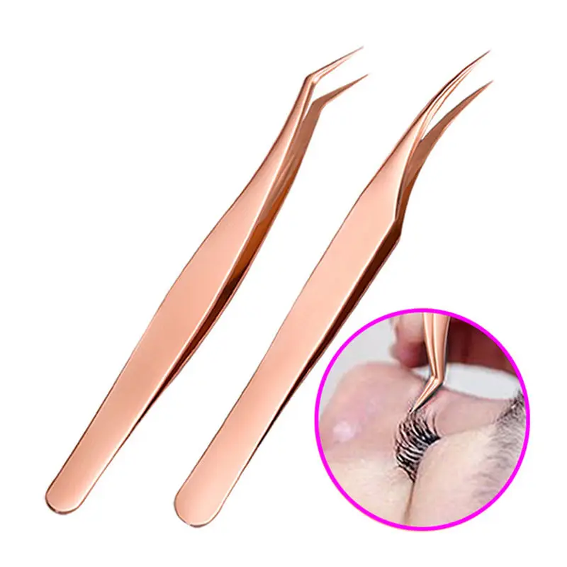 Pinzas de maquillaje para extensión de pestañas, pinzas para pestañas falsas 3D de acero inoxidable, no magnéticas, con caja