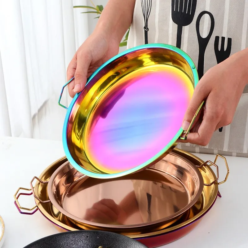 Stainless Steel Round Dinner Plate with Double Ear Handle Cake Bread Fruit Serving Tray Steak Dish BBQ Grill Meat Dishes 1 Pcs