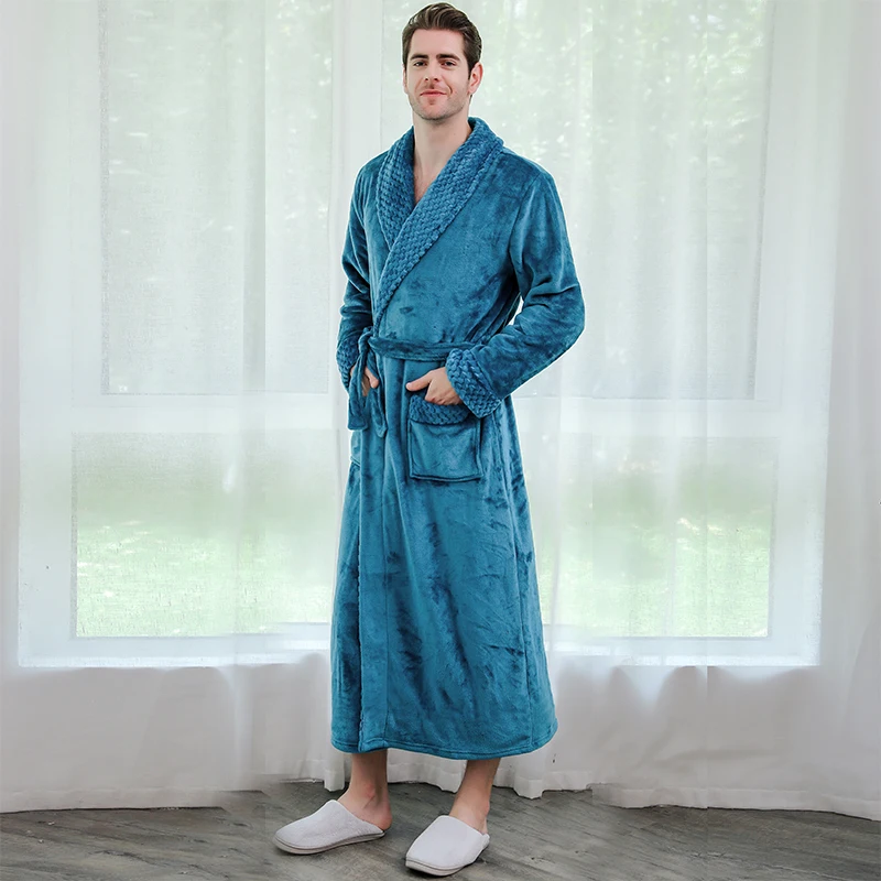 Men Lake Blue 718 Мужской зимний халат размера плюс, длинный коралловый флисовый халат, кимоно, теплые фланелевые банные мужские халаты, уютные халаты, ночная Пижама, женский халат - Цвет: Men Lake Blue 718