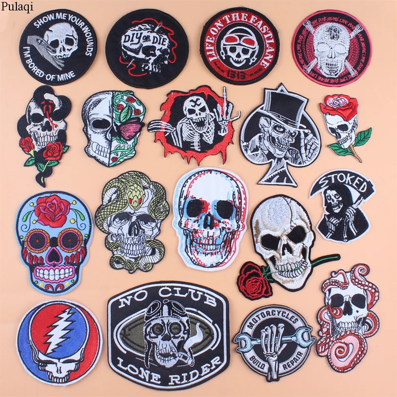 

Pulaqi Skull Flower Patch Iron On Patches On Clothes Embroidered Patches For Clothing Grim Reaper Patch DIY Stickers For Clothes