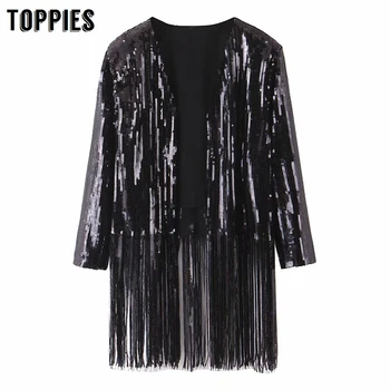 

Black sequined cardigan coat women fringle long jacket high street ladies jacket