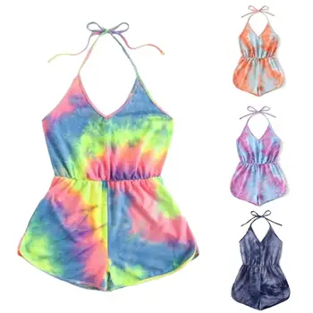 

Women Sexy Halter V-Neck Backless Playsuit Rainbow Gradient Tie-Dye Printed Sleeveless Shorts One Piece Beach Jumpsuit