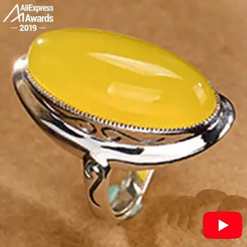 

NOT FAKE S925 Sterling Silver Israel Amber Rings Exaggerated Rings health rich lithuania Retro Chalcedony