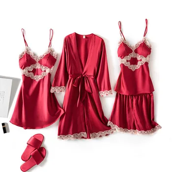 

4PCS Women Pajamas Set Lace Patchwork Nighty&Robe Suit Intimate Lingerie Sexy Strap Top&Shorts Pijamas Sleepwear Silky Homewear