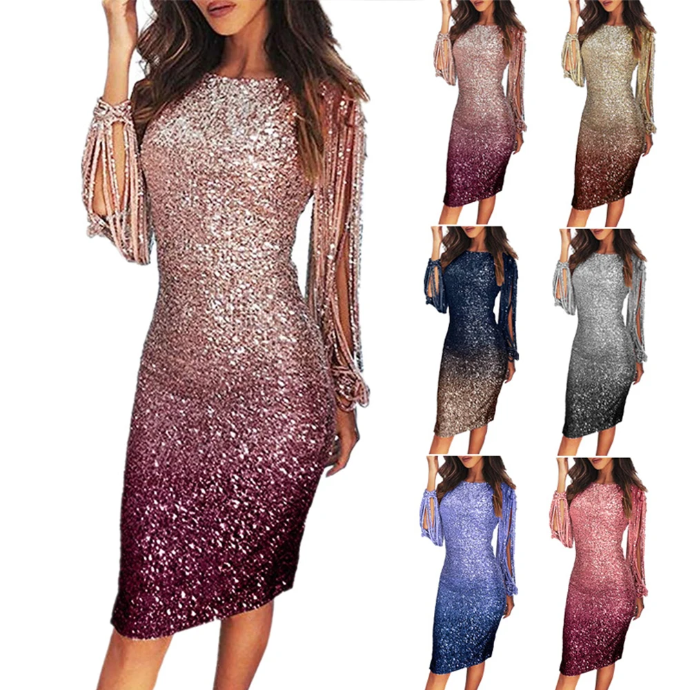 

Elegant Gradient Sequins Tassel Party Dressss Women 2020 Spring Summer Casual Plus Size Sexy Slim Bodycon Dress Vestidos