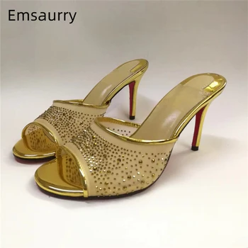

Jeweled Air Mesh Runway Mules Stiletto Heel Sexy Open Toe Slip-on High Heel Summer Shoes Rhinestone Slippers Women