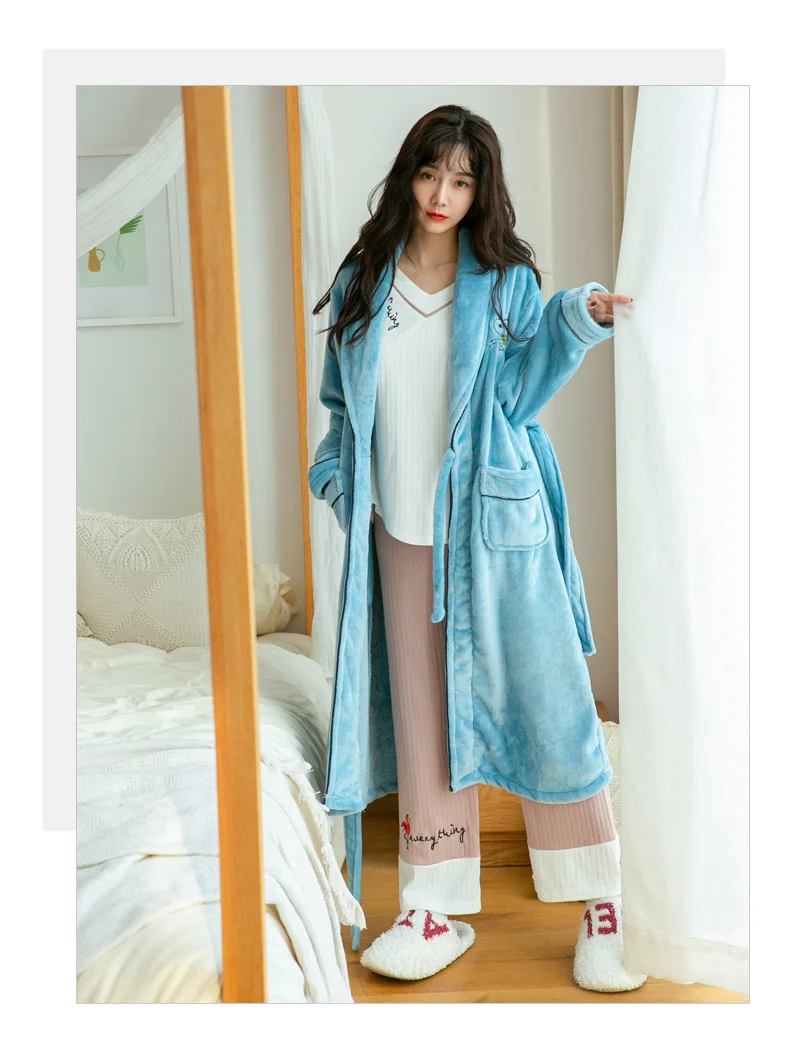 Winter robe women Chinese Female Coral Fleece night-robe Kimono Thick Warm Nightgown Sleepwear Women Casual Bathrobe Plus Size