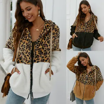 

Fashion Faux Fur Jacket Leopard Patchwork Fleece Coat Women Female Winter Hooded Overcoat Thick Warm Zipper Leopard Outerwear