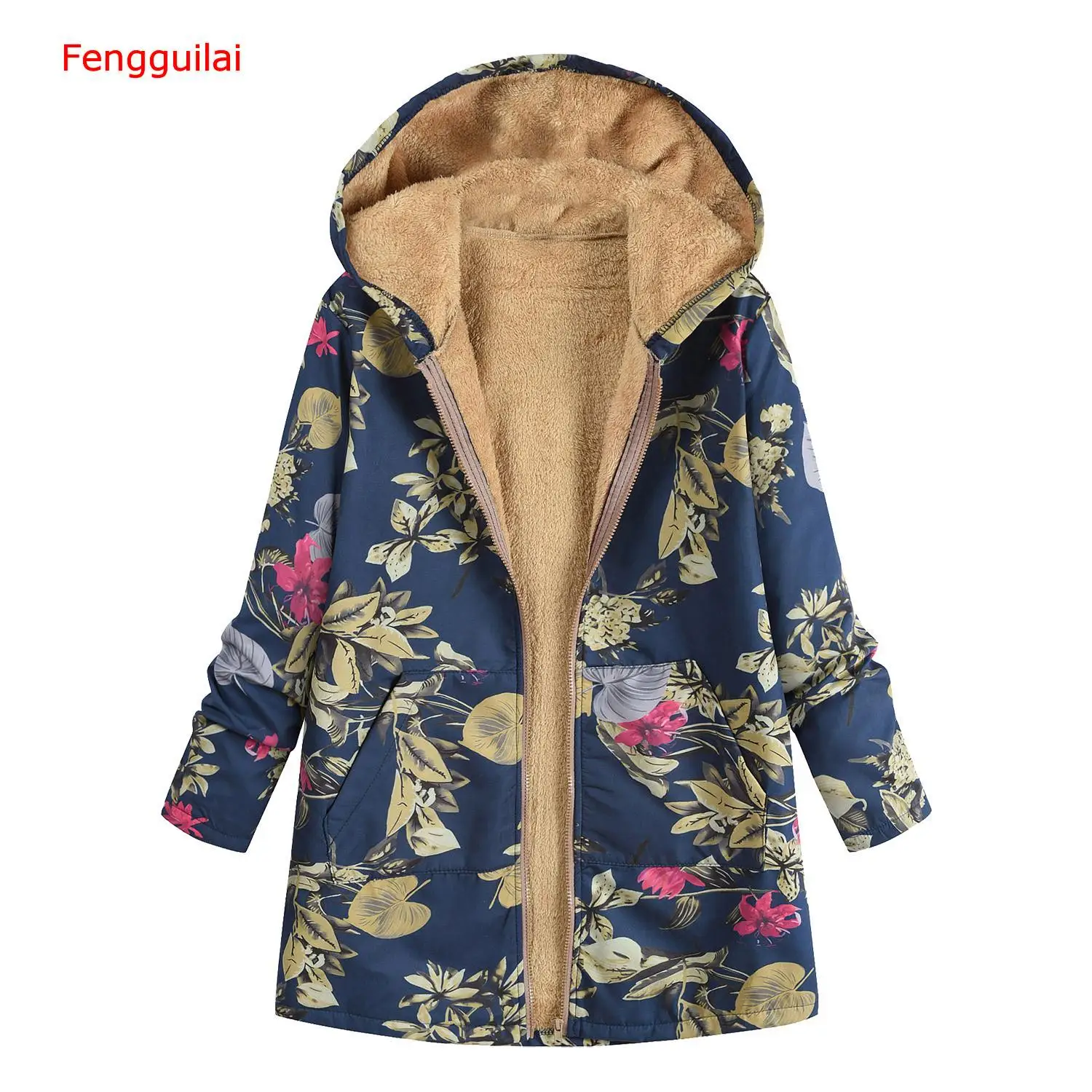 

Women Winter Vintage Floral Printed Warm Hooded Fleece Zip Coat Ladies Casual Hoodies Jacket Overcoat Outwear Tops
