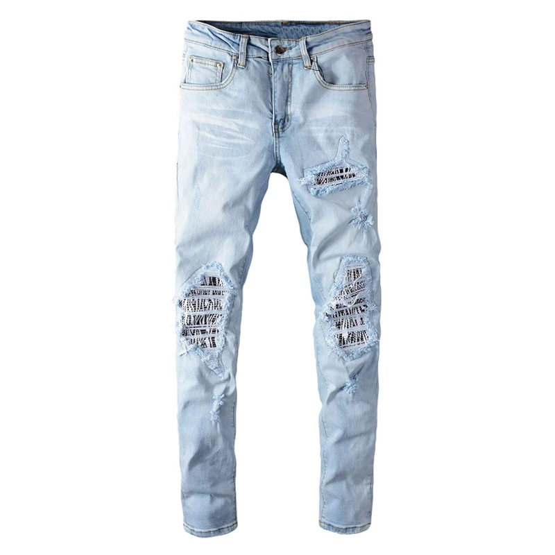 Sokotoo Men's pale light blue patchwork jeans Fashion slim skinny holes ripped stretch denim pants Sokotoo Men's pale light blue patchwork jeans Fashion slim skinny holes ripped stretch denim pants