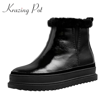 

Krazing Pot large size genuine leather round toe flat platform snow boots winter warm young lady daily wear hot ankle boots L06