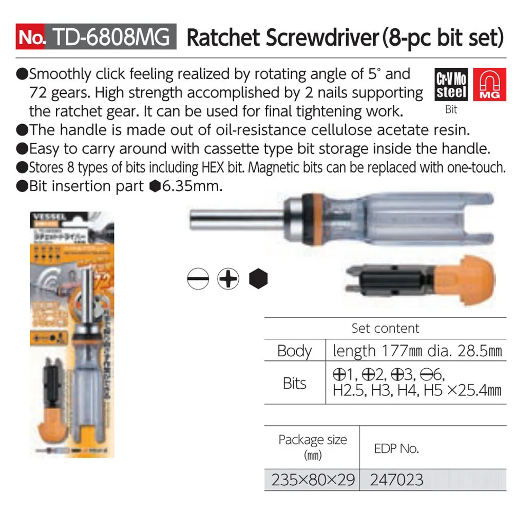 w/ 4 bits VESSEL Ratchet Screwdriver No.TD-6804MG 