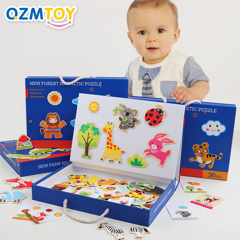 

Wood Magnetic Joypin Game Box CHILDREN'S Cartoon Animal Jigsaw Puzzle Matching Early Childhood Educational Toy