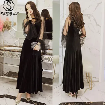 

Skyyue Long Sleeve Evening Dresses O-Neck Black A-Line Evening Gown for Women Illusion Ruched Zipper Dress Woman Party K305