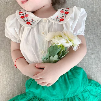 

Girls Children Vintage Embroidery Shirt Baby Kids Short Sleeve Turn-down Collar White Cotton Shirts Tops 2020 Summer