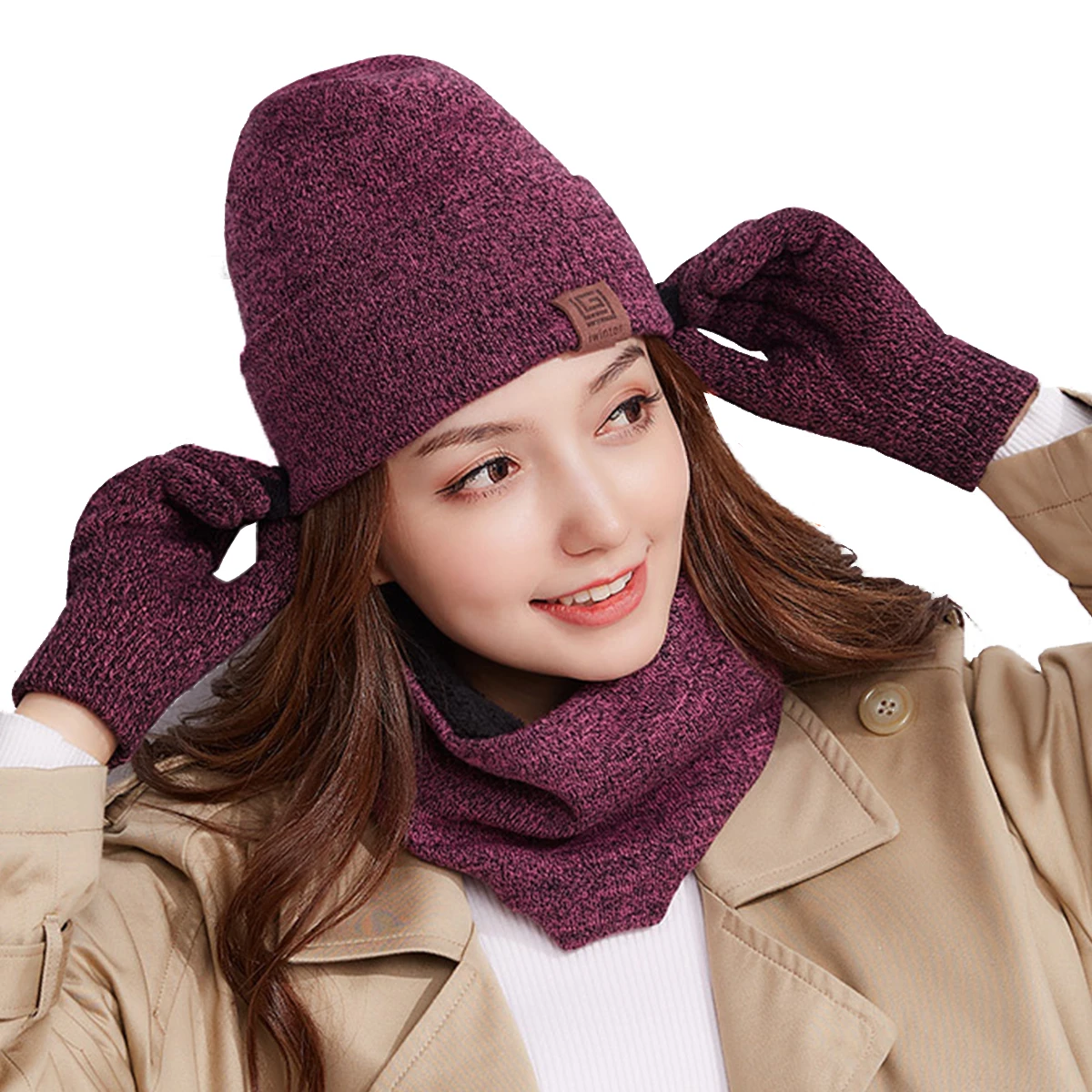 

Fashion 3 Pcs Knit Beanie Hat Scarf Touch Screen Gloves + Hat + Scarf Set Winter Warm Set Glove Beanies Ring Scarf For Girls #20