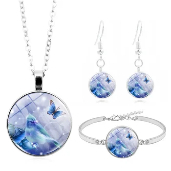 

Butterfly Hummingbird Photo Glass Cabochon Fashion Jewelry Set Silver Necklace Bracelet Earring Jewelry Sets for Women