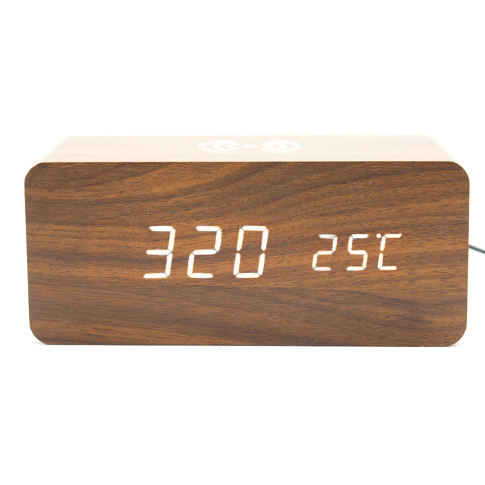  Home Desk Gift Digital Display Qi Wireless Charger Led Modern Wooden Clock Dual Power Multifunction