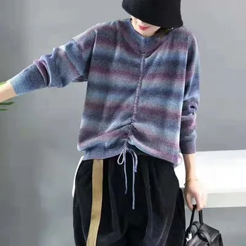 

Striped Tie Dye Sweaters Women Knitwear Ladies Sweaters Women Knitted Striped Pullover Drawstring Oversized Jumper AAA257S30