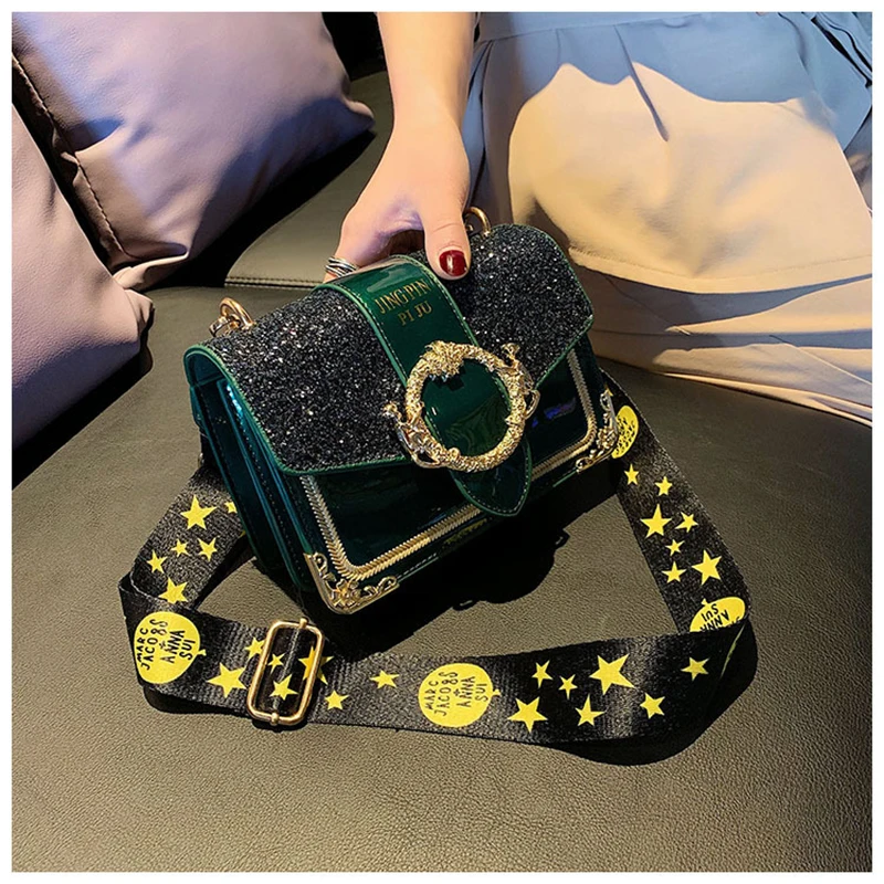 

Luxury Designer Women Square Flap Bag 2020 Fashion Sequined Patent Leather Handbag Lady Casual Wide Strap Shoulder Crossbody Bag