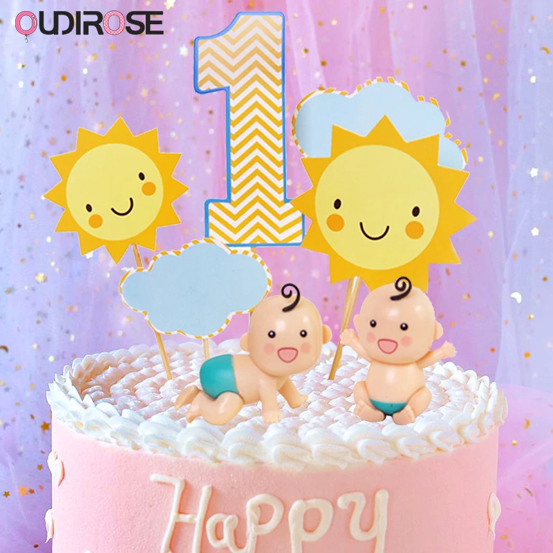 ONE year Pompon Cake Toppers First Birthday Cake Flag Baby Shower Party Decor FH 