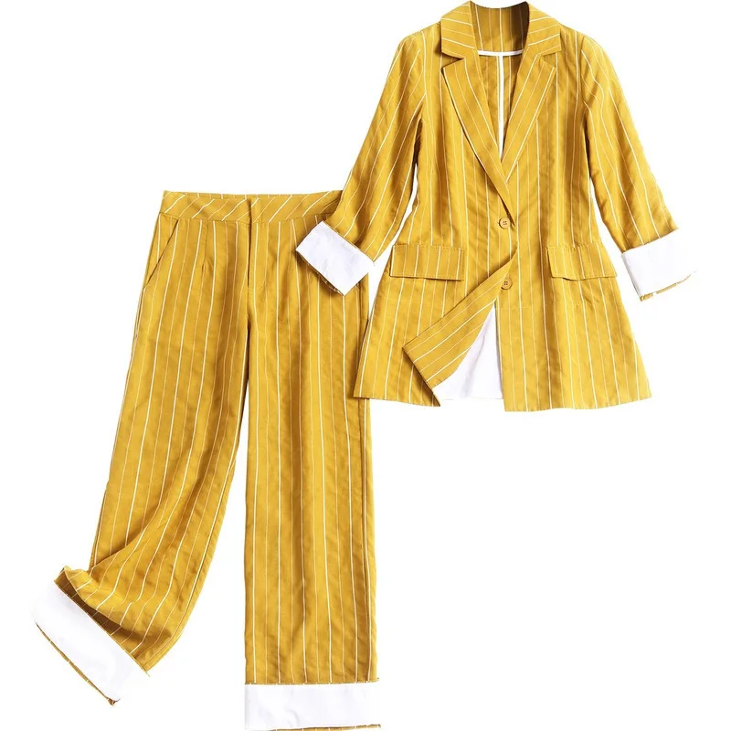 

2020 Spring Women Work Pant Suits Striped Blazer Jacket & Zipper Trousers Suit 2 Piece Sets Single Breasted Casual Suit