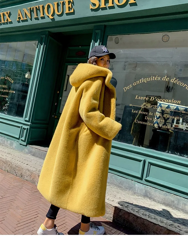 Зимнее пальто, Женское пальто из меха кролика Рекс, корейское пальто с капюшоном, имитация меха норки, длинная куртка, свободная Толстая теплая куртка из искусственного меха