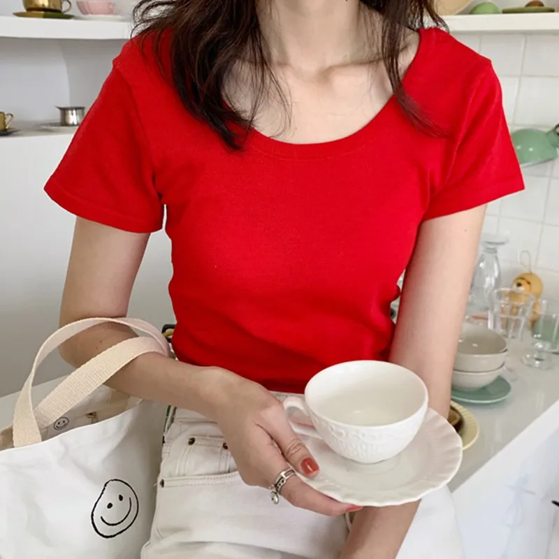 

Solid Color Round Neck Short Sleeve T Shirt Women Casual Backless Back Bow T-shirts Summer Tops Tee