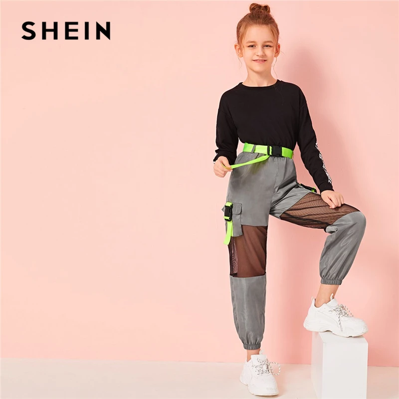 SHEIN/Детские неоновые брюки-карго с пряжкой и сетчатой вставкой, с поясом, для девочек; коллекция года; сезон осень; серые брюки с эластичным поясом и карманами по бокам