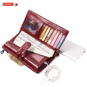 

Multifunctional Leather Women Wallet Clutch Bag Female Long Card Holder Wallets Fashion Buckle with Wrist Strap Genuine Leather