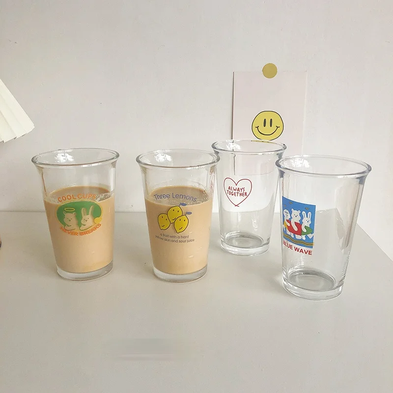 LadyCC Korean Glass Cup with Cartoon Milk Coffee Juice Breakfast Water Bottle Drinking Glasses | Дом и сад