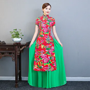 

Print Flower Chinese Women Dress Mandarin Collar Oversize 3XL-5XL Qipao Novelty Classic Cheongsam Long Sexy Formal Party Dresses