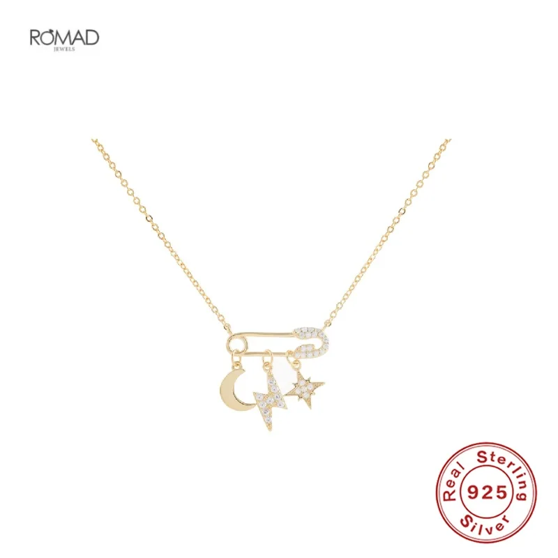 

ROMAD INS Pin Design Necklace For Women Elegant Moon Lightning Star Pendant Clavicle Chain 925 Sterling Silver Collares Jewelry