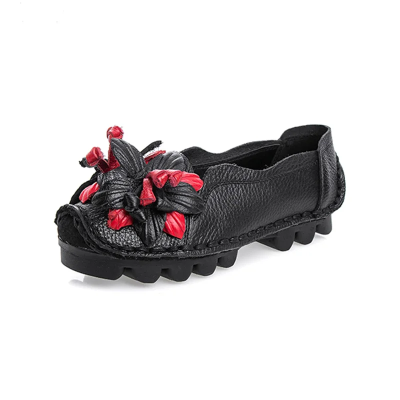 Size 35-42 Genuine Leather Summer Flats Women Soft Slip-On Flat Shoes Black Red Floral Mom Loafers Moccasin Lady Designer Shoes 