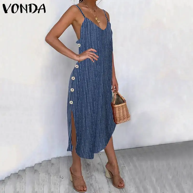

VONDA Vests Women Sleeveless Striped Dress Plus Size Sexy Spaghetti Strap Dress 2019 Summer Sundress Casual Loose Vestidos S-5XL