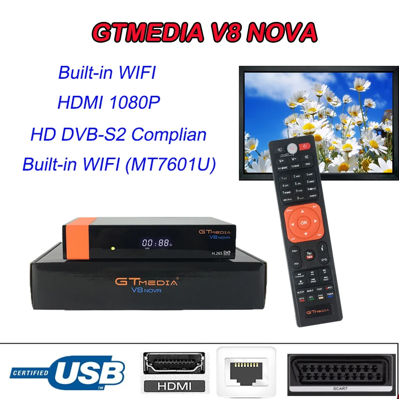 

Stable GTMedia v8 nova satellite receiver Full HD USB 2.0 1080P HD DVB-S2 DC12V/1.5A Satellite Decoder with Spain Europe cccam