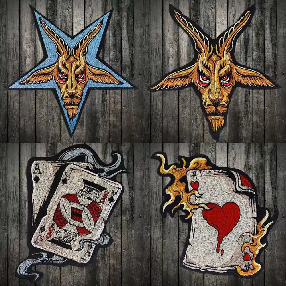 

Goat Sheep Iron On Poker AJ Heart Patch Embroidered Applique Sewing Label punk biker Patches Clothes Stickers Accessories Badge
