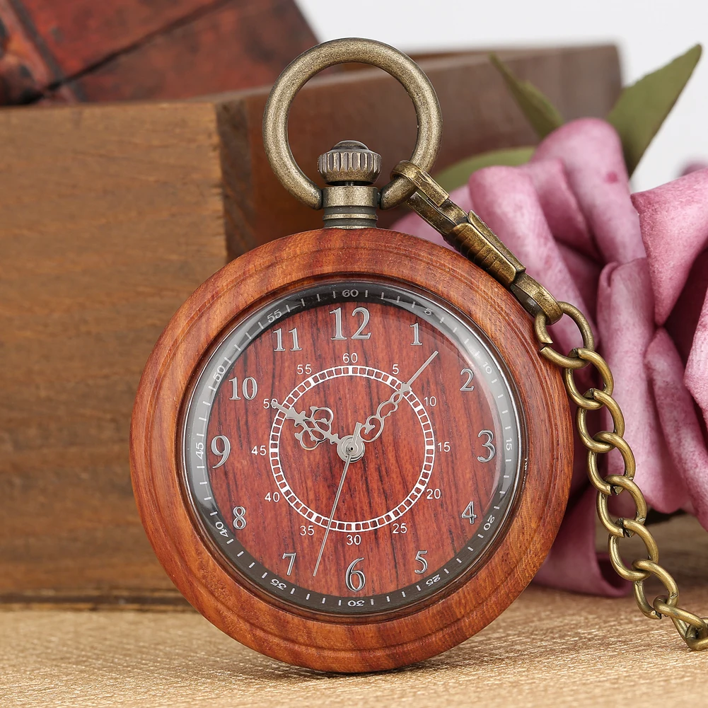 Bronze Ebony Wooden Quartz Pocket Watch Men Arabic Numerals Dial Classic Sweather Chain Pendant Chain Gifts 4