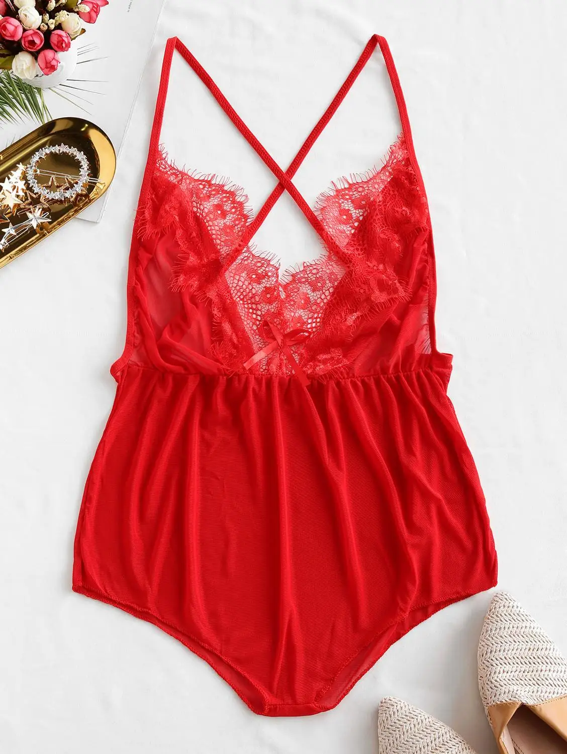 Red ZAFUL кружевное Прозрачное нижнее белье с открытой спиной, женское Сексуальное Кружевное Белье для сна, боди, нижнее белье, комбинезон, пижама, нижнее белье, ночное белье - Цвет: Red