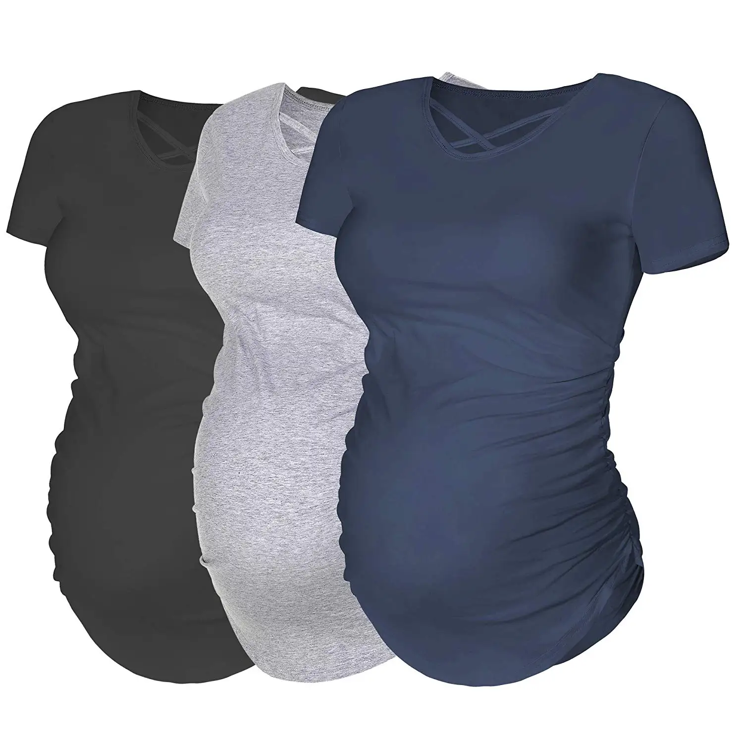 

BM20172 Womens Short Sleeve Maternity Tops Pregnancy T-Shirt Criss Cross Cacual Ruched Side Mama Clothes 3 Pack