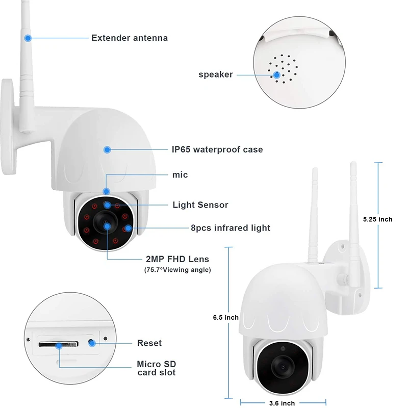 QZT Tuya Outdoor Security Camera WIFI Wireless PTZ IP Camera Outdoor IR Infrared Waterproof CCTV Video Surveillance Camera 1080P