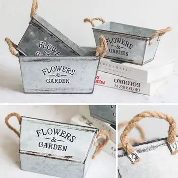 

Retro Iron Flower Bucket Pot With Jute Rope Handle Small Plant Flower Planter Holder Vintage Balcony Flower Tub S/M/L Wholesales