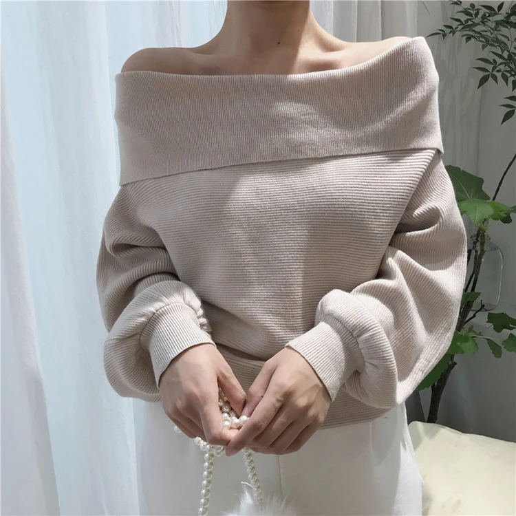 

2019 spring women off shoulder knitting sweater fashion lantern sleeve loose style jumper sexy women strapless pullovers