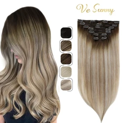 VeSunny Clip in Human Hair Extensions Blonde Remy Seamless Hair Extensions Straight Thick Human Hair Extensions for Women