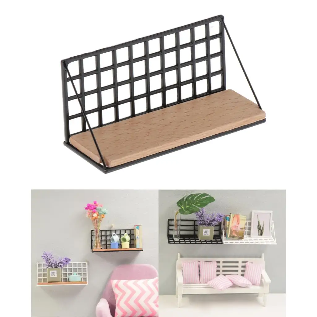 1/12 Dollhouse Metal Wall Storage Shelf Display Hanging Shelving Room Decoration (Black)